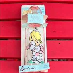 Vintage Precious Moments Pink Baby Bottle with Bunny Illustration